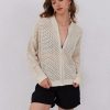 Womens Zip Up Crochet Cardigan Sweater Oversized Long Sleeve Hollow Out Knit Bomber Jacket Fishnet Sweaters
