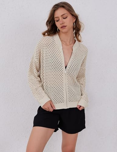 Womens Zip Up Crochet Cardigan Sweater Oversized Long Sleeve Hollow Out Knit Bomber Jacket Fishnet Sweaters