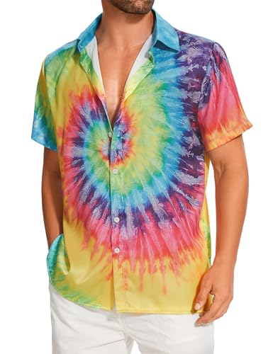 Vintage Shirts for Men Tie Dye Hippie Funny Hawaiian Shirt Button Down Shirts
