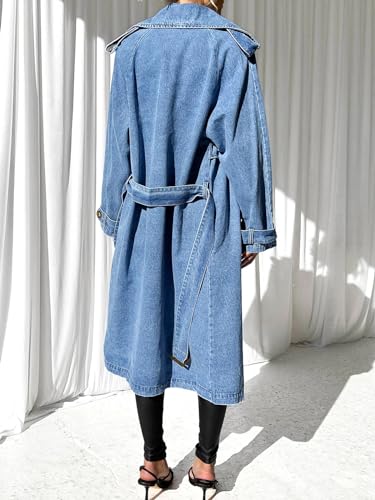 Women's Long Double Breasted Denim Jacket Oversized Button Down Maxi Jean Coat Classic Lapel Outercoat