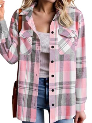 Womens Button Down Flannel Shirts Long Sleeve Plaid Blouses Lightweight Business Dressy Casual Top with Pockets