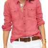 41PsOnDfPJL.jpg Women's Button Down Denim Shirt Collared Casual Long Sleeve Pocket Tops