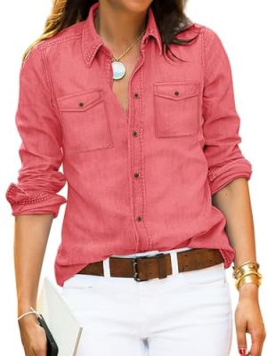 Women's Button Down Denim Shirt Collared Casual Long Sleeve Pocket Tops