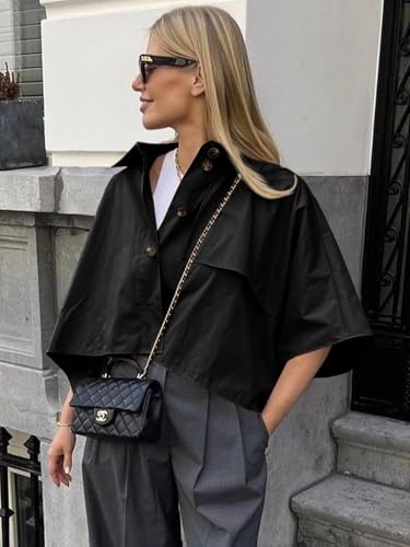 41PzV4NRSFL.jpg Womens Oversized Cropped Trench Coats Single Breasted 3/4 Cape Sleeve Trendy Casual Jackets Button up Outerwear