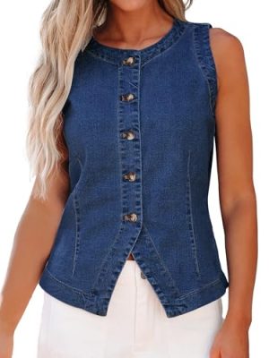 Denim Vest for Women Sleeveless Strechy Jean Vest Top Button Down Crewneck Casual Summer Western Waistcoat