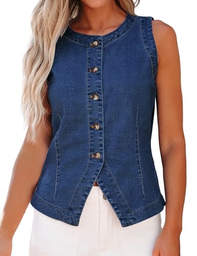 41PzyxLqVtL.jpg Denim Vest for Women Sleeveless Strechy Jean Vest Top Button Down Crewneck Casual Summer Western Waistcoat