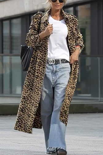 41Q0OeBCEXL.jpg Women's Notch Lapel Leopard Print Duster Trench Coat Open Front Loose Faux Suede Mid Long Pea Coat