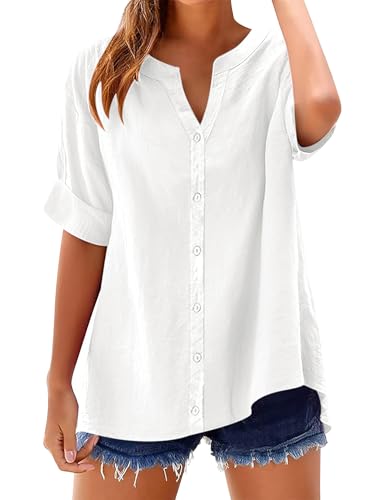Womens 3/4 Sleeve Button Down Shirts Cotton Linen Roll Up Short Sleeve Tops V Neck Casual Loose Fit Blouses
