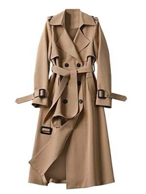 Women's Double Breasted Long Trench Coat Belted Notch Lapel Overcoat Windproof Classic Outerwear