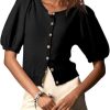 41QyPuC2TL.jpg Puff Sleeve Cardigans for Women Crew Neck Lightweight Summer Shirts Button Down Knit Shrug Sweater Tops