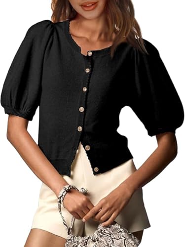 41QyPuC2TL.jpg Puff Sleeve Cardigans for Women Crew Neck Lightweight Summer Shirts Button Down Knit Shrug Sweater Tops