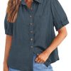 41RQmiVnQYL.jpg Womens Summer Short Sleeve Button Down Shirts V Neck Collared Casual Blouse Tops with Pockets