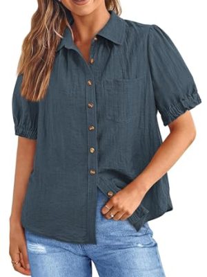 Womens Summer Short Sleeve Button Down Shirts V Neck Collared Casual Blouse Tops with Pockets