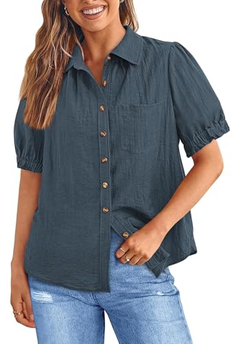 41RQmiVnQYL.jpg Womens Summer Short Sleeve Button Down Shirts V Neck Collared Casual Blouse Tops with Pockets