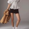 41SY4leeLiL.jpg Striped Button Down Shirts for Women Short Sleeve Pleated Corset Blouse Casual Summer Peplum Dressy Tops