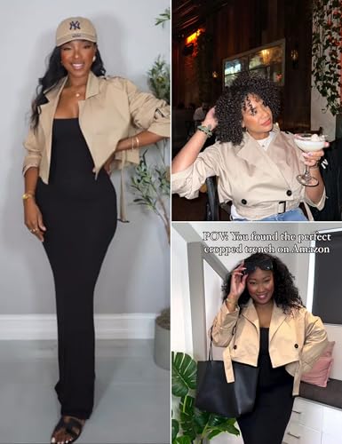 Womens Cropped Bike Jacket Casual Double Breasted Trench Coat with Belt