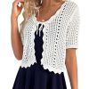 Women Crochet Shrug Sweater Tie Front Knit Bolero Shrug for Dress Short Sleeve Cropped Cardigan
