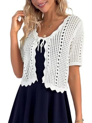 Women Crochet Shrug Sweater Tie Front Knit Bolero Shrug for Dress Short Sleeve Cropped Cardigan