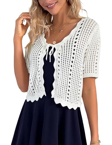 Women Crochet Shrug Sweater Tie Front Knit Bolero Shrug for Dress Short Sleeve Cropped Cardigan
