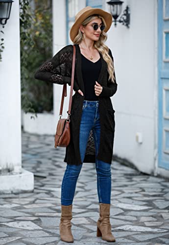 41TJ5qp-XTL.jpg Womens Lightweight Longer Length Cardigan Long Sleeve Casual Crochet Open-Front Sweater with Pockets
