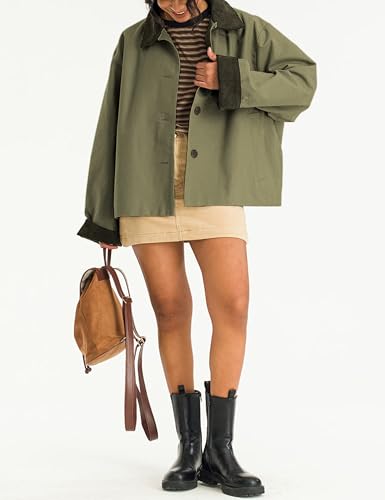 41TN6rb2o6L.jpg Womens Contrast Collar Jacket Casual Button Down Long Sleeves Crop Trench Coat Outerwear with Pockets