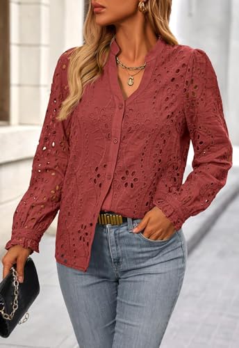 41TPCHwCDL.jpg Women's Fall Fashion Long Sleeve Shirts Button Down Dressy Casual Blouses V Neck Eyelet Embroidery Hollow Out Tops
