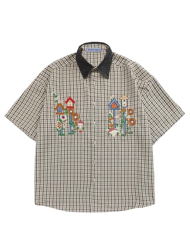41TrhY5YlnL.jpg Shirts Plaid Embroidery Short Sleeve Shirt Casual Graphic T-Shirts Men Button Down Tee Tops Oufits