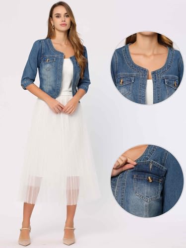 41Uf2bZC5QL.jpg Denim Jacket for Women's Collarless 2025 Cardigan 3/4 Sleeve Crop Jean Jackets