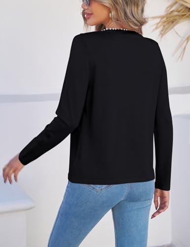 Women Lightweight Open Front Sweater Cardigan Pearls Trim Knit Jacket Trendy Long Sleeve Clothes Coatigan