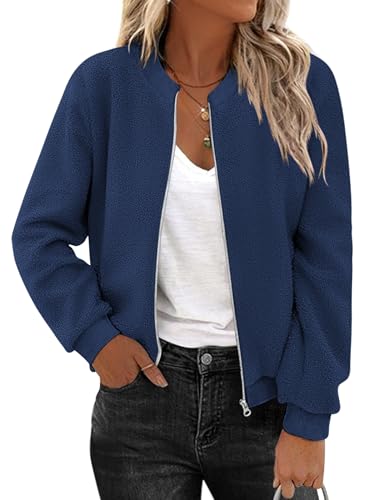 41VBe889OdL.jpg Women's Sherpa Fleece Jacket Long Sleeve Faux Fuzzy Casual Zip Up Bomber Coat With Pocket S-XXL