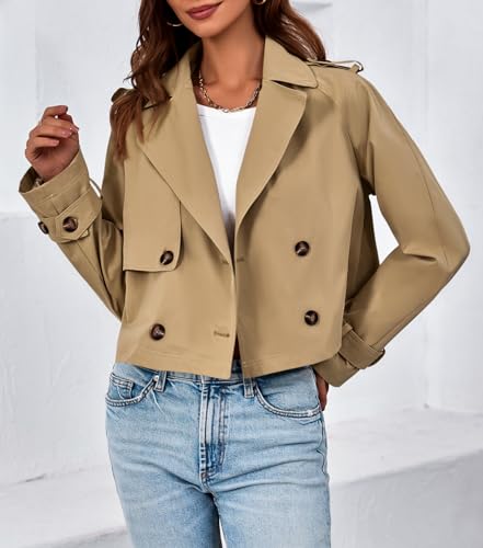 41VKGdAGotL.jpg Womens Cropped Trench Coat Lapel Double Breasted Short Jacket Outwear