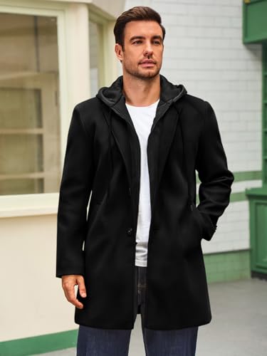 41VWyVuYjHL.jpg Mens Trench Coat Single Breasted Mid-Long Pea Coat Classic Winter Business Jacket with Detachable Hood