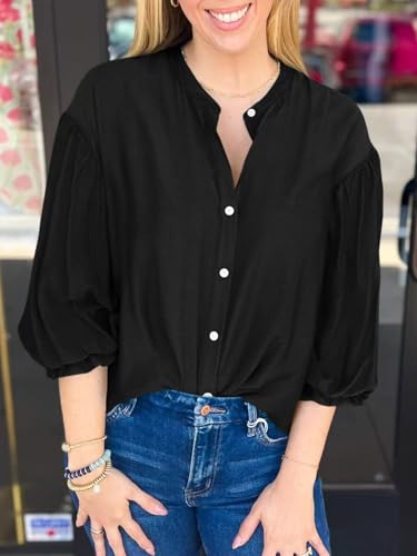 Womens Puff Sleeve Tops 3/4 Button Down Shirts Ruffle Cuff Back Pleated Cotton Blouse