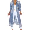 Women's Ripped Out Distressed Washed Long Blue Denim Jacket Trench Coat