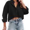 Womens Button Down Cropped Shirts Long Sleeve V Neck Solid Tops Casual Collared Blouse with Chest Pocket XS-XXL