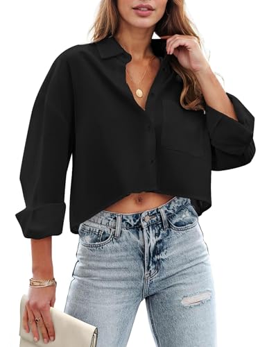 Womens Button Down Cropped Shirts Long Sleeve V Neck Solid Tops Casual Collared Blouse with Chest Pocket XS-XXL