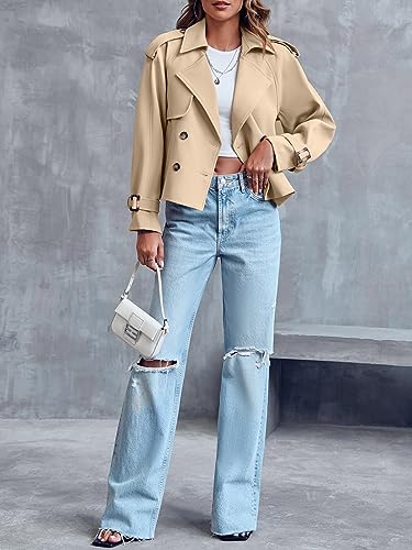 Women Crop Double Breasted Trench Coat Raglan Sleeve Work Office Cropped Jacket With Pockets