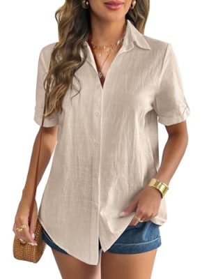 Women Linen Button Down Shirt Rolled Cuffed Short Sleeve Blouse Ladies Summer Casual V Neck Beach Cotton Tops