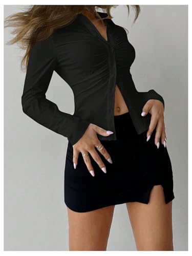 41Y3V21bKL.jpg Women's Button Down Ruched Blouse Long Sleeve Shirts Slim Fit Aesthetic Tops