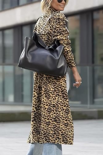 41YEcM1QZL.jpg Women's Notch Lapel Leopard Print Duster Trench Coat Open Front Loose Faux Suede Mid Long Pea Coat