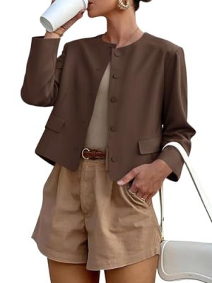 Womens Balloon Long Sleeve Blazer Cropped Collarless Button Down Suit Jackets Business Casual Fall Outerwear