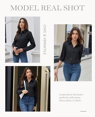 Womens Button Down Shirt Dress Shirts Cotton Long Sleeve Wrinkle Free Work Office Shirt Regular Fit Blouse Top
