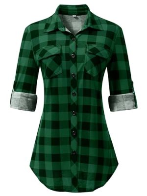 Plaid Button Down Shirts for Women Long Sleeve Roll Up Checkered Blouse Tops 2025 Fall Outfits