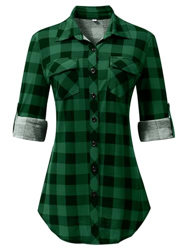41ZMAqDRFsL.jpg Plaid Button Down Shirts for Women Long Sleeve Roll Up Checkered Blouse Tops 2025 Fall Outfits