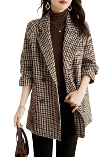 Womens Notched Lapel Pea Coat Double Breasted Blazer Jackets Houndstooth Woolen Blend Overcoat with Pockets