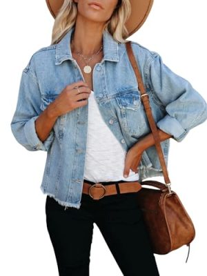 Women's Jean Jacket Frayed Washed Button Up Cropped Denim Jacket With Pockets