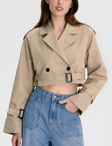 Womens Cropped Bike Jacket Casual Double Breasted Trench Coat with Belt