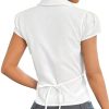 Women's Pleated Bust Button Down Shirt Tie Back Fitted Short Sleeve Blouse Casual Tops