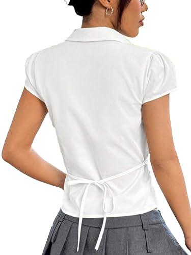 Women's Pleated Bust Button Down Shirt Tie Back Fitted Short Sleeve Blouse Casual Tops