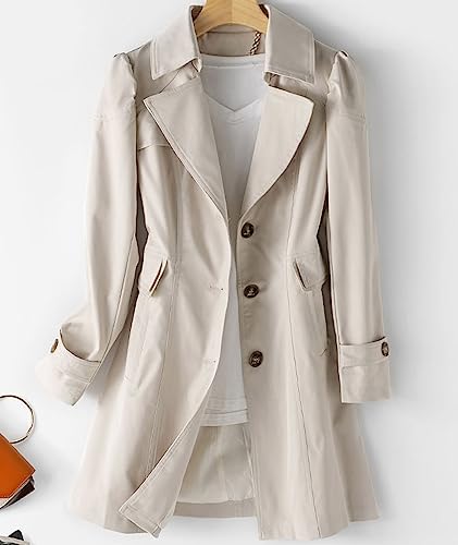 Women's Single Breasted Mid-Length Trench Coat Puff Sleeve Lapel Overcoat Windproof Classic Outerwear